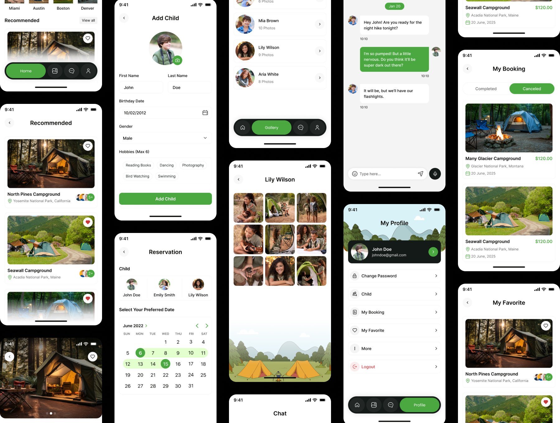 50+屏儿童营地户外活动夏令营与亲子活动预定App UI套件 | Kids Camp Booking App UI Kit_XomHVH