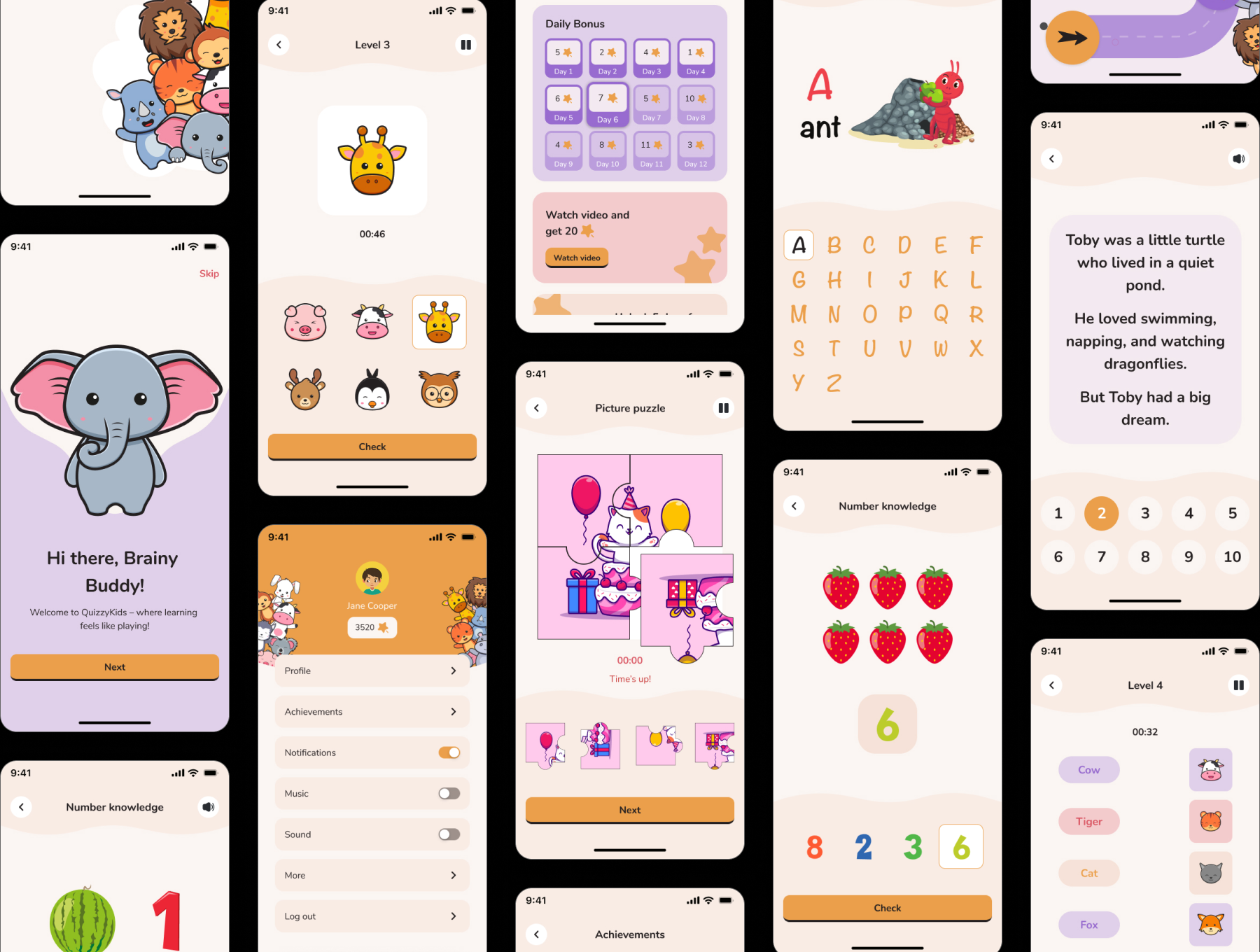 85+屏早教游戏化学习认知开发多彩趣味儿童教育APP界面 | Curio - Kids Learning Game Mobile App UI Kit_EKJ651