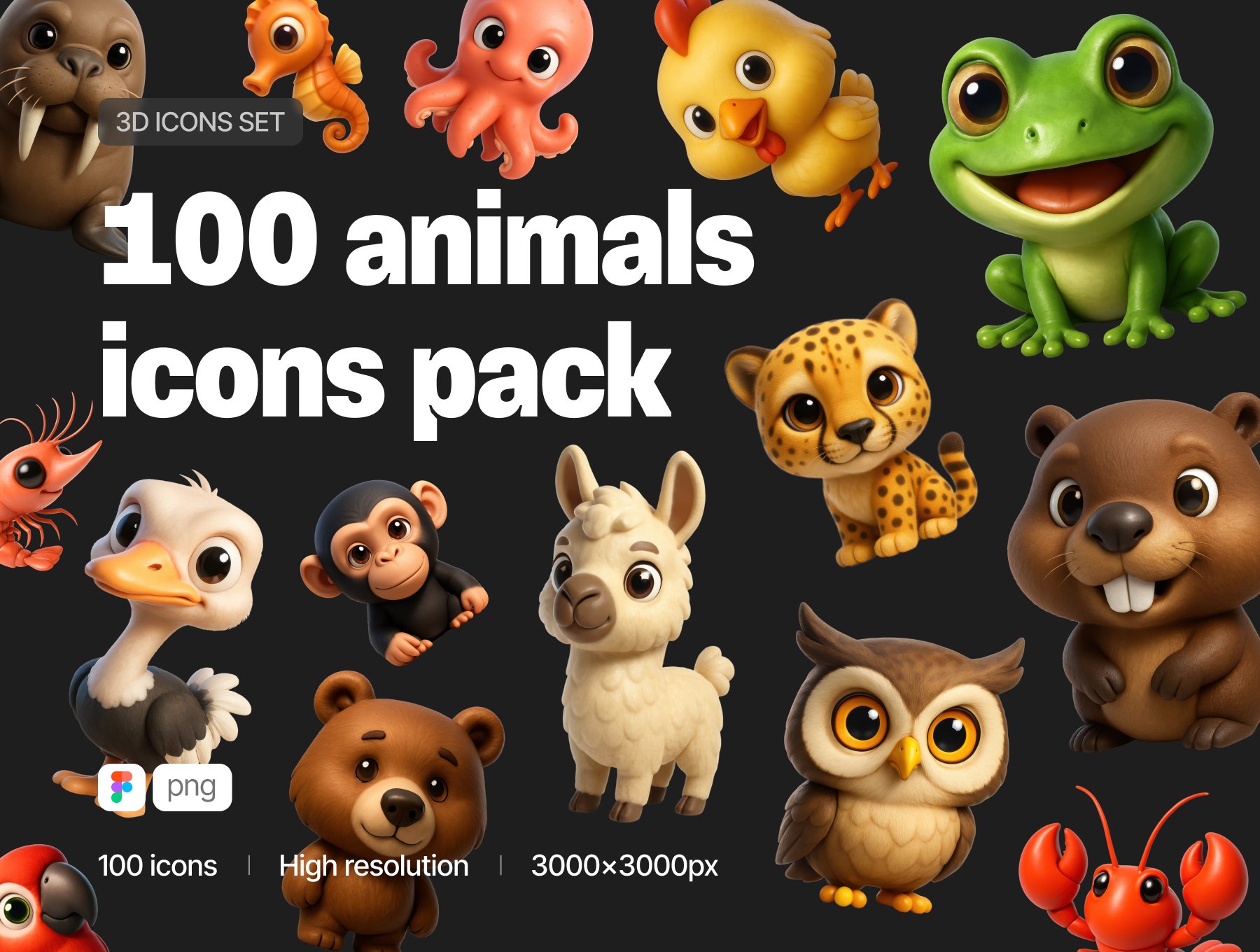 100个可爱卡通萌趣狮子猫头鹰章鱼等3D动物图标  | Animals | 100pcs 3D Icons_7AxotO