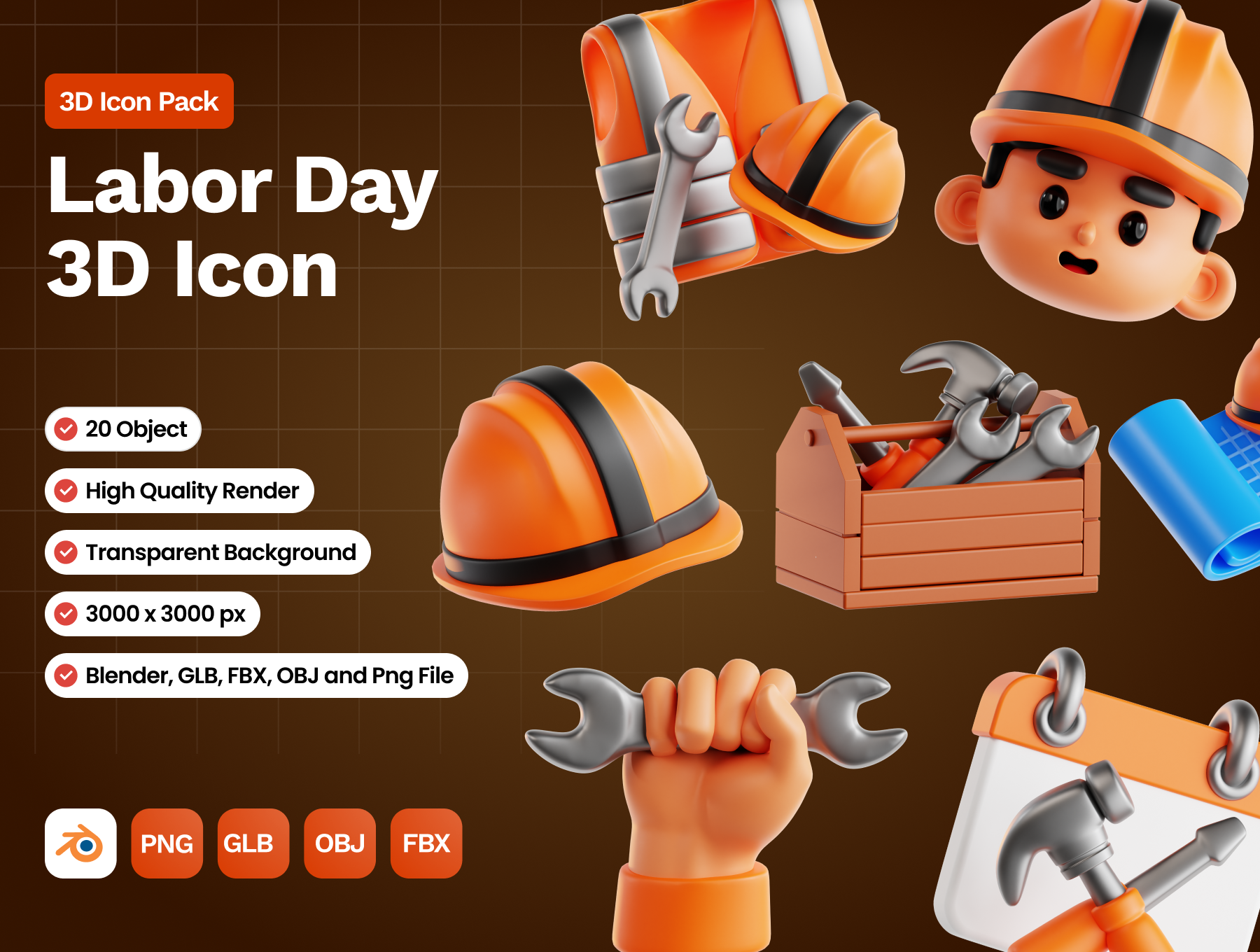 20款劳动节3D图标素材合集|高精度劳动节3D图标包 | 20 Labor Day 3D Icon Pack_5LeO6j