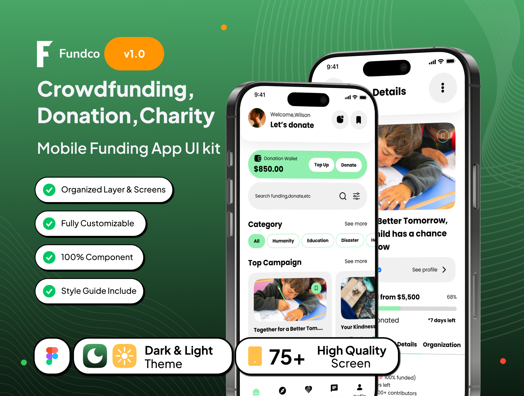 75+屏简约众筹公益捐赠教育灾难援助公益活动APP界面模板 | Fundco - Mobile Crowdfunding App Ui Kit_b09FCq
