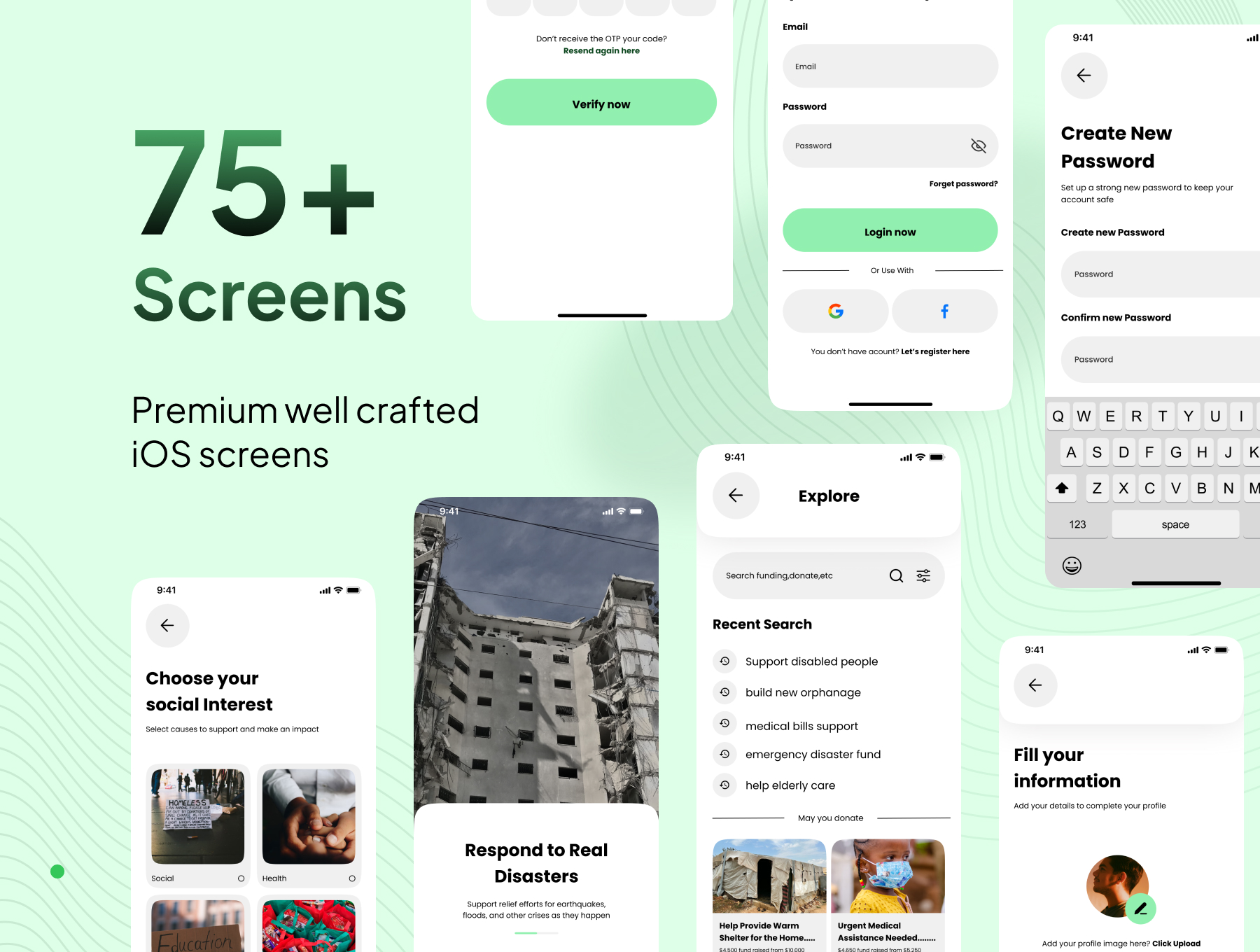 75+屏简约众筹公益捐赠教育灾难援助公益活动APP界面模板 | Fundco - Mobile Crowdfunding App Ui Kit_2YLN0K