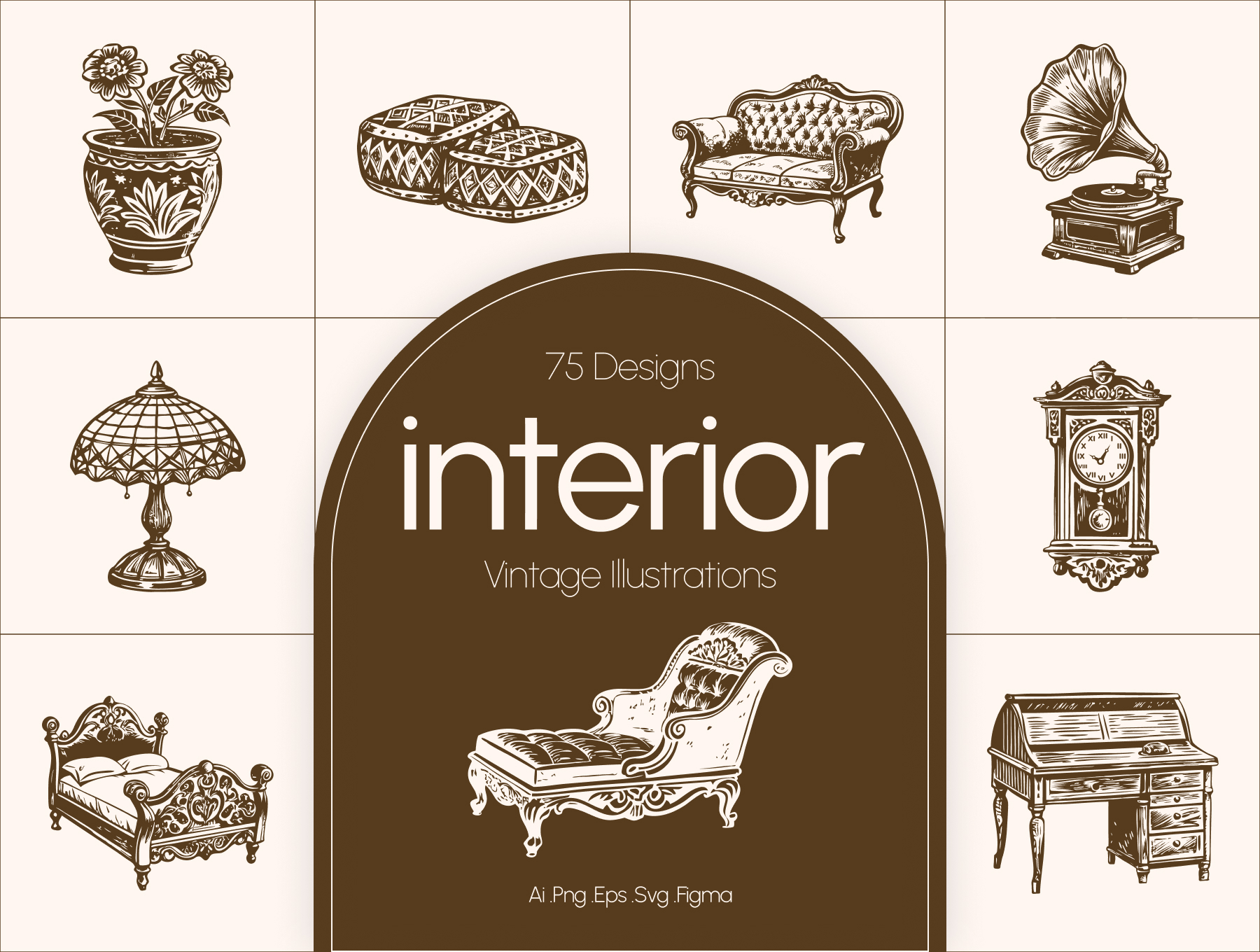 30+个复古古典家居桌椅台灯等插画合集 | Vintage Interior illustration Set_0WLkrh