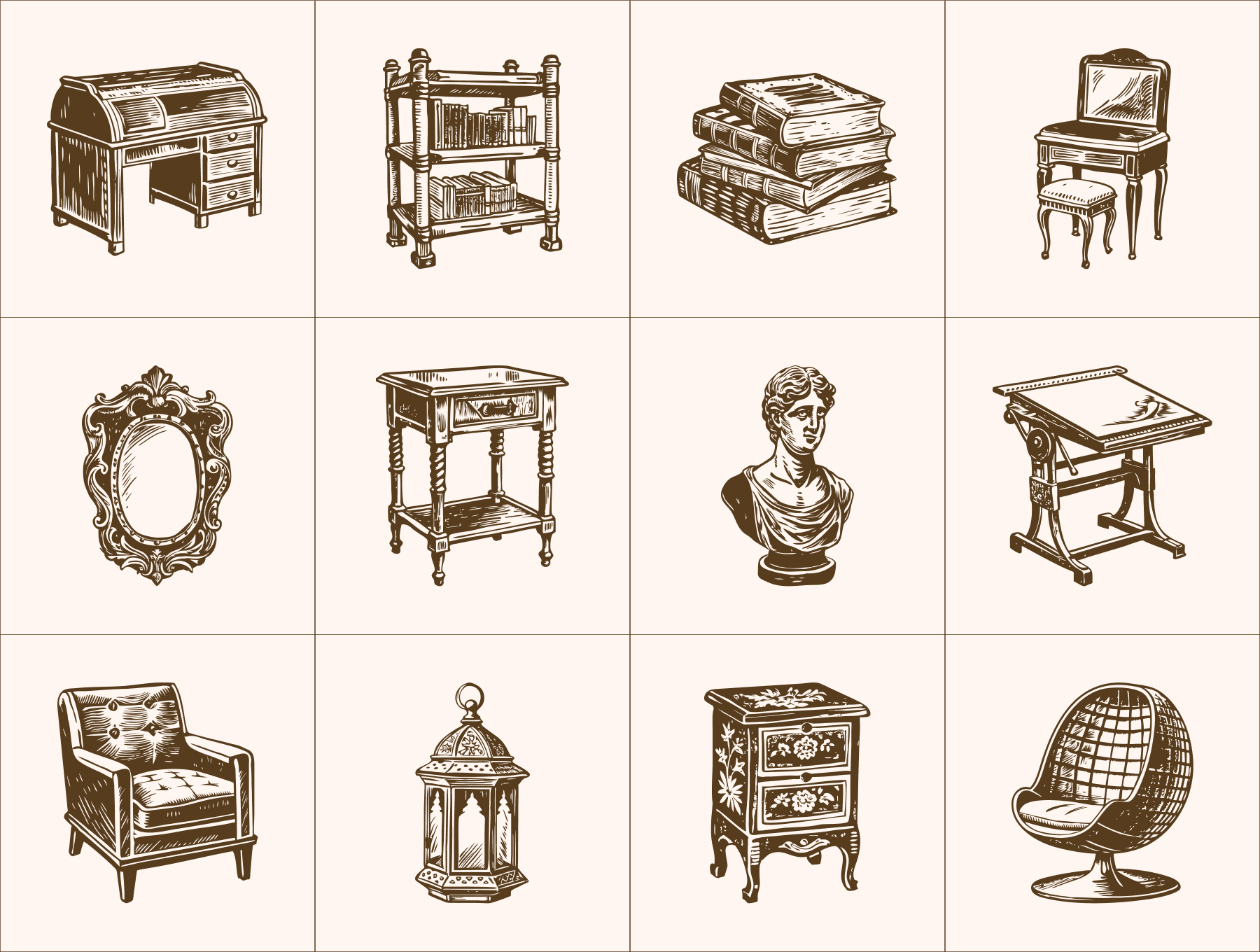 30+个复古古典家居桌椅台灯等插画合集 | Vintage Interior illustration Set_9FMekI