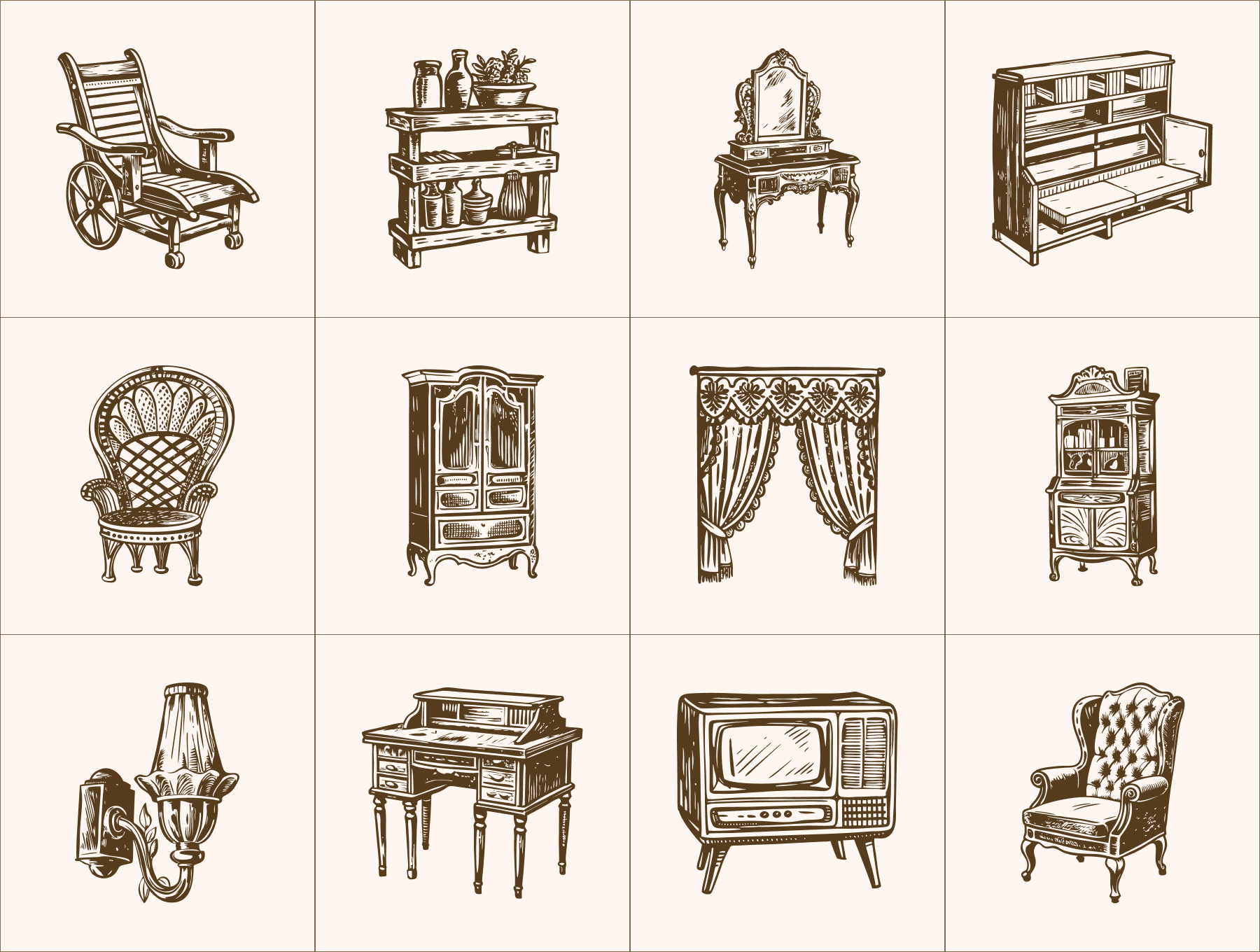 30+个复古古典家居桌椅台灯等插画合集 | Vintage Interior illustration Set_dNMIK8
