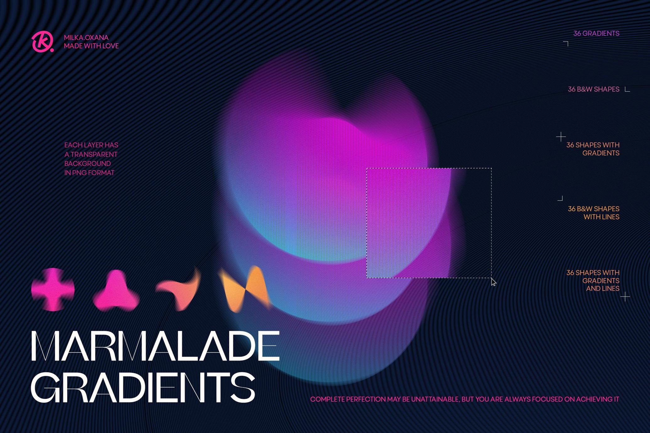 120+款复古未来抽象黑白线条全彩渐变图形PNG透明图层合集 | Marmalade Abstract Gradients & Shapes_xCDU3k