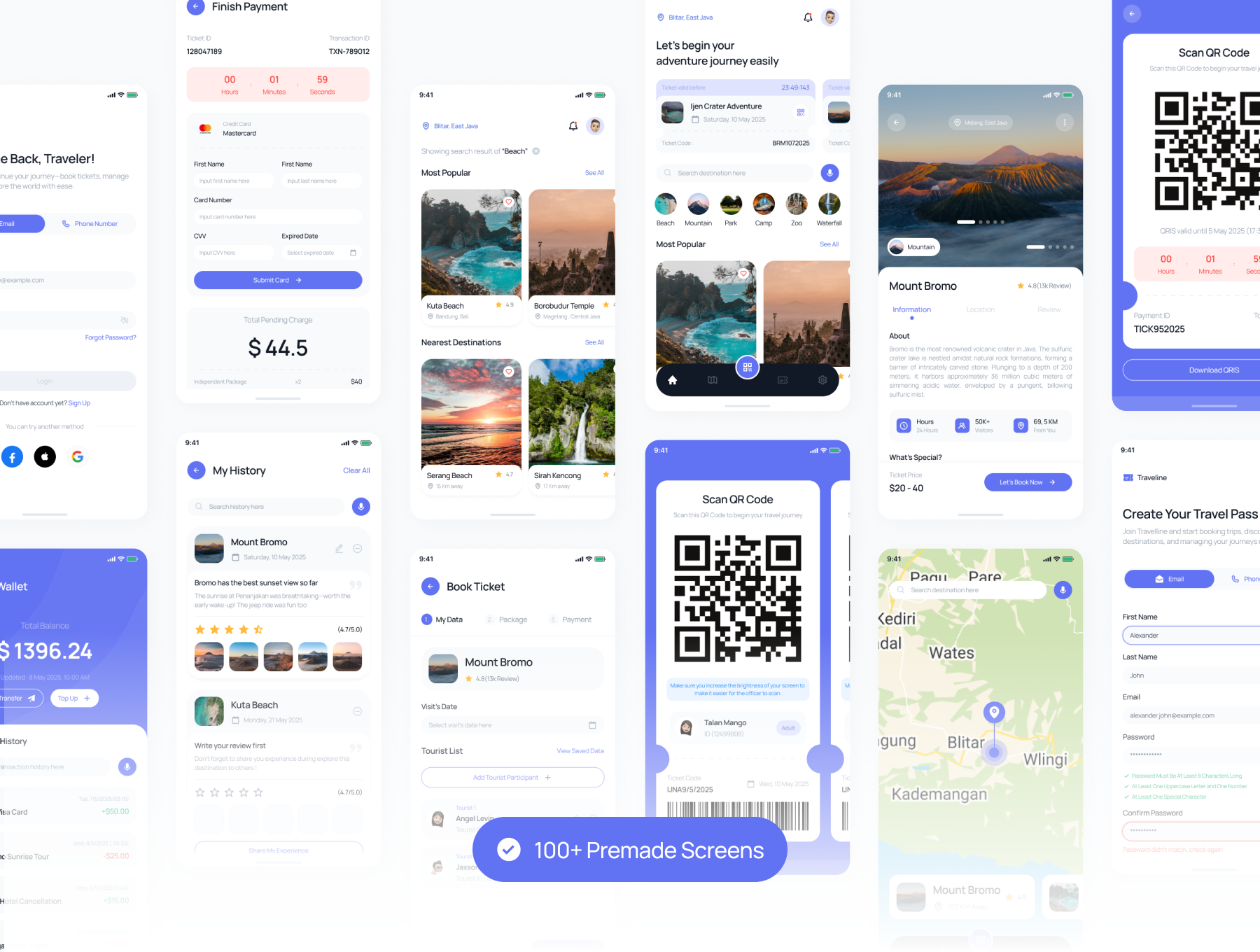 100+旅行订票酒旅航班预订 APP iOS界面设计素材包 | Traveline - IOS Traveling & Booking UI Kit_IHO9p5
