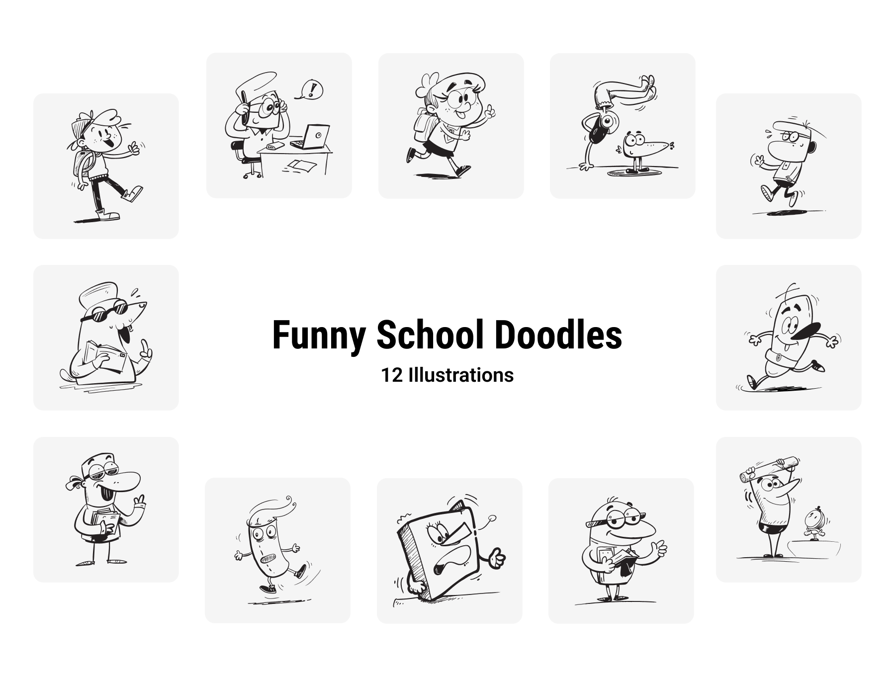 15款趣味线条涂鸦人物趣味俏皮校园手绘卡通角色插画包 | Funny School Doodles Cartoon Characters Pack_7ukJuL