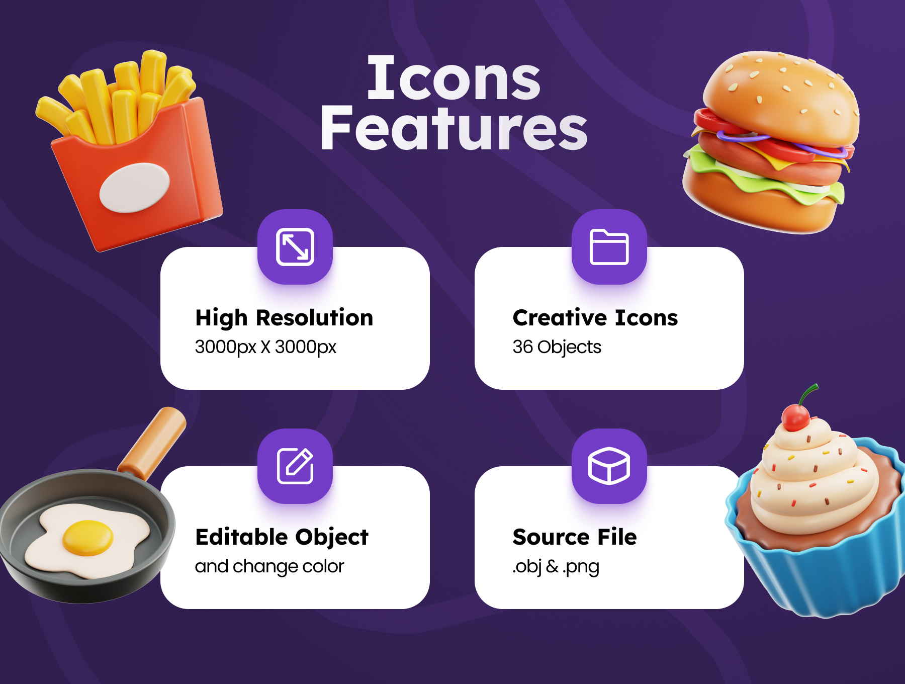 30个精美卡通汉堡炸鸡等西式快餐食品图标包 | Fast Foods 3D Icons_YQdi5D